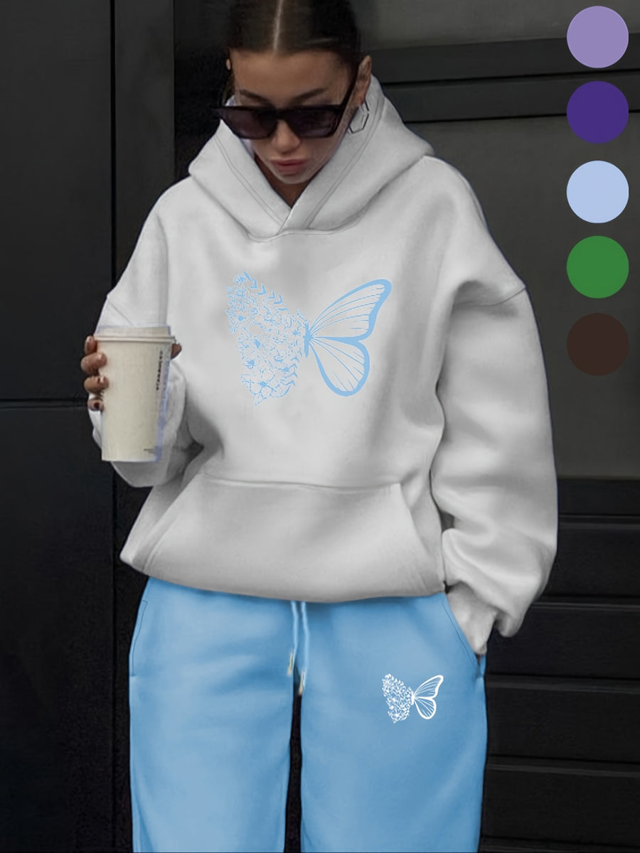 Women's Casual 2pcs Set | Hooded Sweatshirt + Long Pants, European and American Street Style Fashion, Y2K - Letter Print, Versatile for Vacation and Multiple Occasions - White+blue