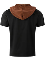 Men'S Plaid Knit Contrast Trim Hooded Sweatshirt - Short Sleeve Button-Up V-Neck Top with Chest Pocket, Vintage Street Style, for Everyday Wear - Black