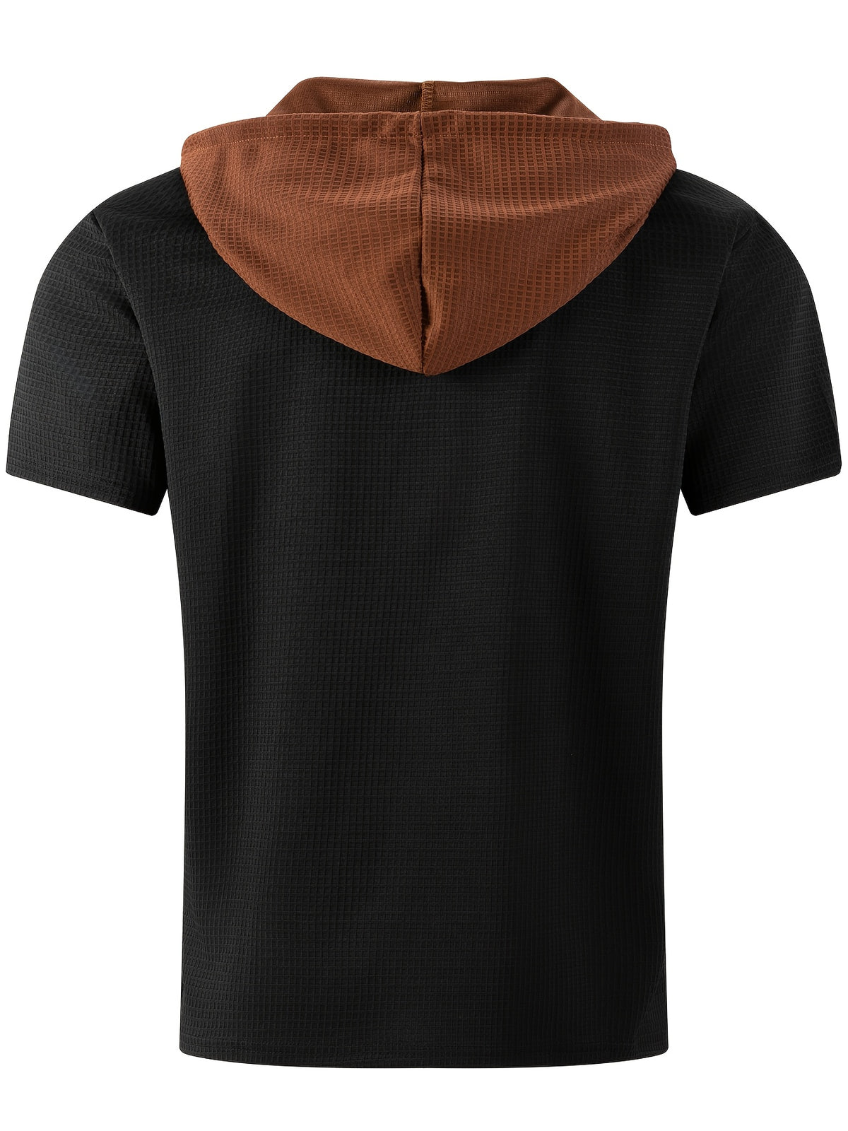 Men'S Plaid Knit Contrast Trim Hooded Sweatshirt - Short Sleeve Button-Up V-Neck Top with Chest Pocket, Vintage Street Style, for Everyday Wear - Black