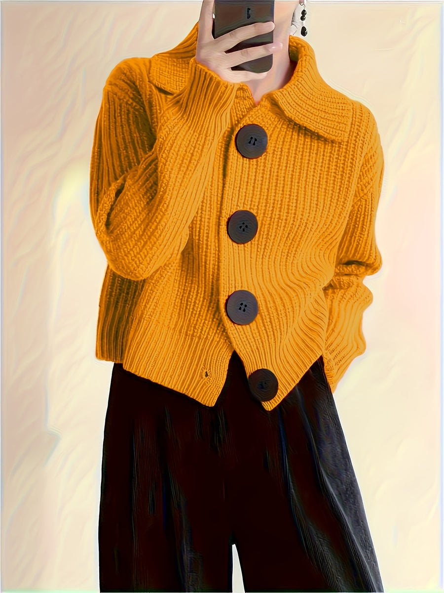 Solid Color Button-Front Cardigan, Korean Style Short Outerwear, Elegant for Vacation, Daily Commute - Yellow