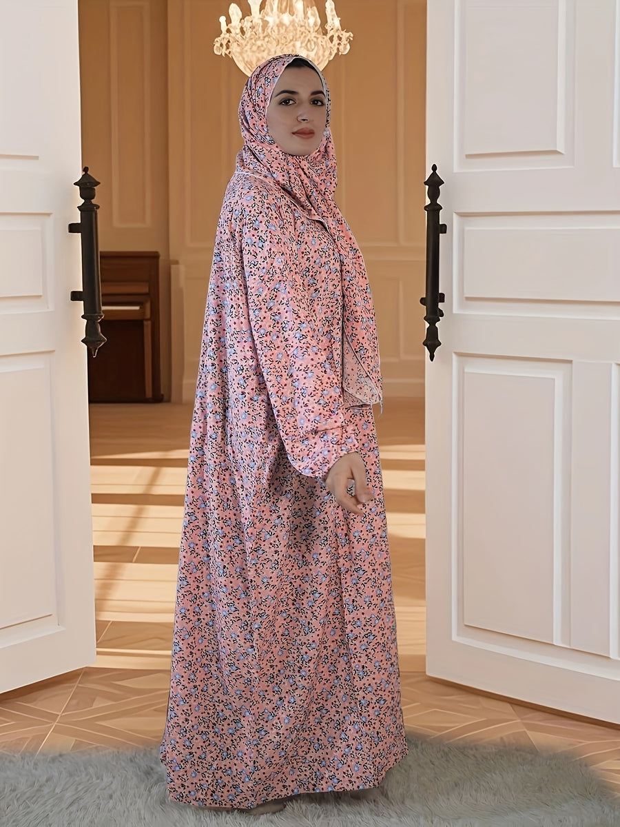 Arab Women'S Abaya Set | Comfortable Fashionable Ditsy Floral Print Long Robe with Integrated Hijab for Ramadan - Pink Color