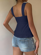 Women'S Casual Front-Drawstring Vest, Women'S Outing Top, Vacation, Cute Summer Top - Navy Color