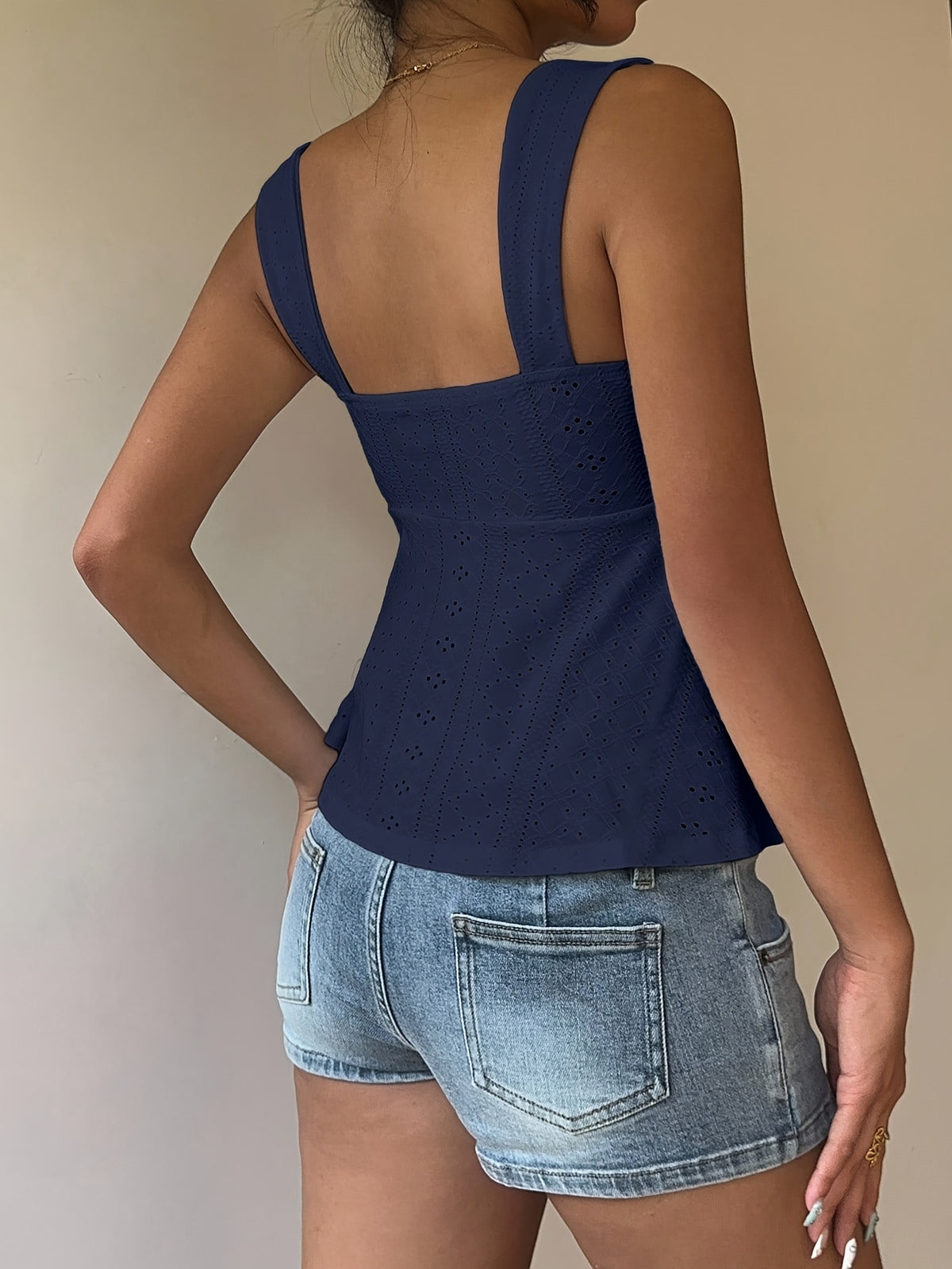 Women'S Casual Front-Drawstring Vest, Women'S Outing Top, Vacation, Cute Summer Top - Navy Color