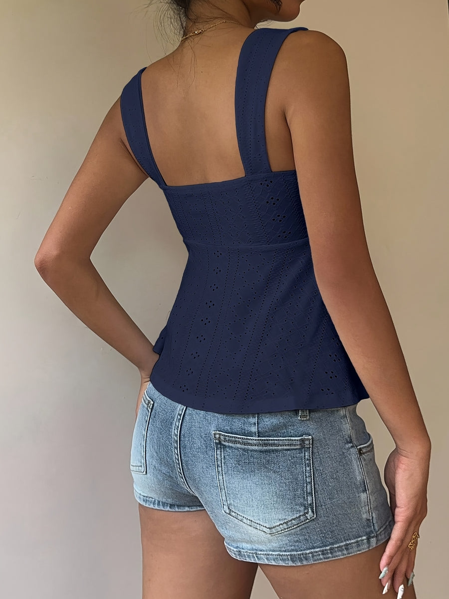 Women'S Casual Front-Drawstring Vest, Women'S Outing Top, Vacation, Cute Summer Top - Navy Color