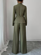Women's Elegant Lapel V-Neck Long Sleeve Unique Design Belted Button-Up High-End Blazer and Straight-Leg Wide-Leg Pants 2pcs Set, Autumn Commuter Outfit for Women - Olive Green