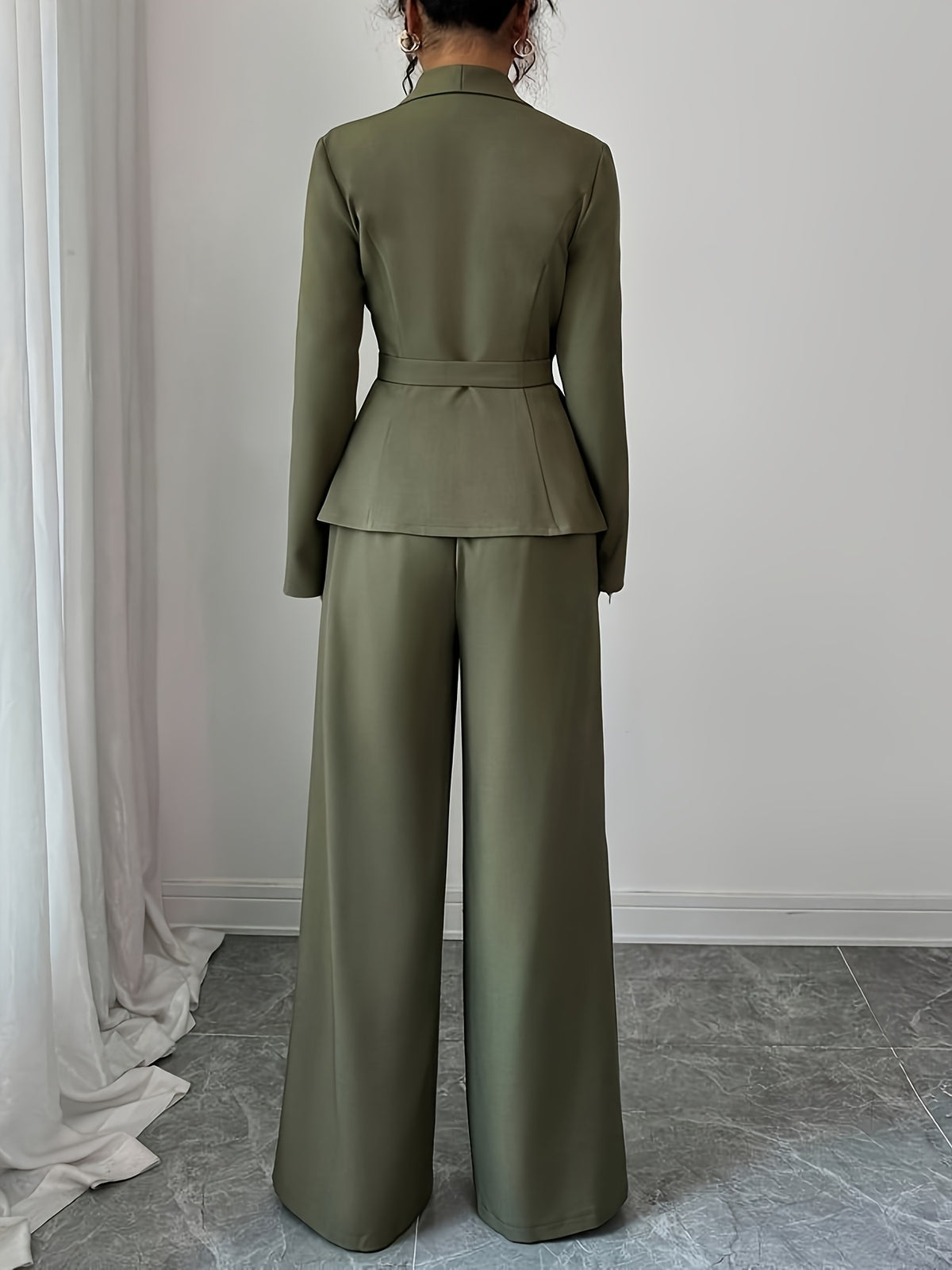 Women's Elegant Lapel V-Neck Long Sleeve Unique Design Belted Button-Up High-End Blazer and Straight-Leg Wide-Leg Pants 2pcs Set, Autumn Commuter Outfit for Women - Olive Green