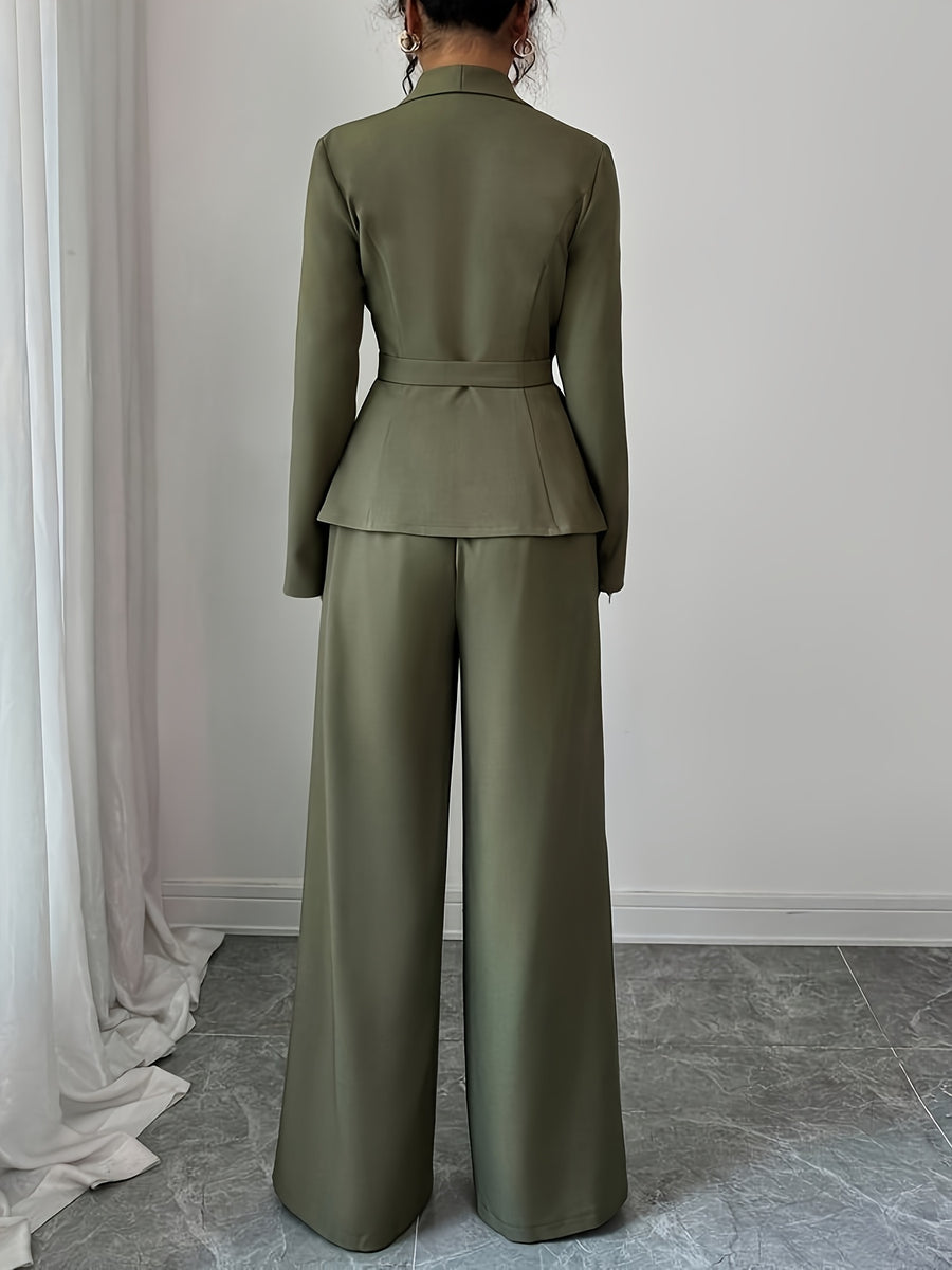 Women's Elegant Lapel V-Neck Long Sleeve Unique Design Belted Button-Up High-End Blazer and Straight-Leg Wide-Leg Pants 2pcs Set, Autumn Commuter Outfit for Women - Olive Green
