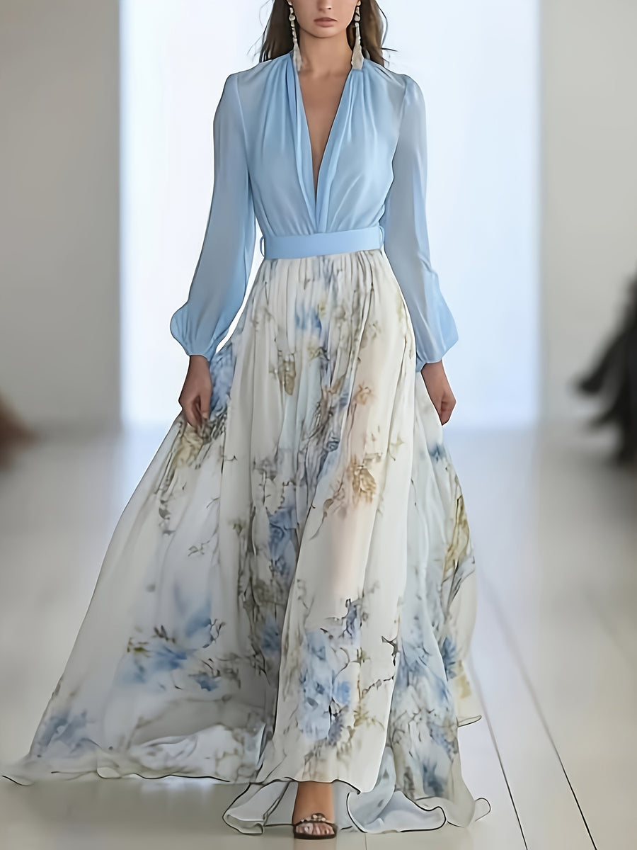New All-Season Women's Bohemian Style Digital Print Long Sleeve Deep V-Neck Dress, European and American Spring/Autumn Long Dress with Tie-Up A-Line Hem, Holiday Party and Travel Dress, Women's Bridesmaid Dress, Casual and Fashionable Long Dress - Sky Blue