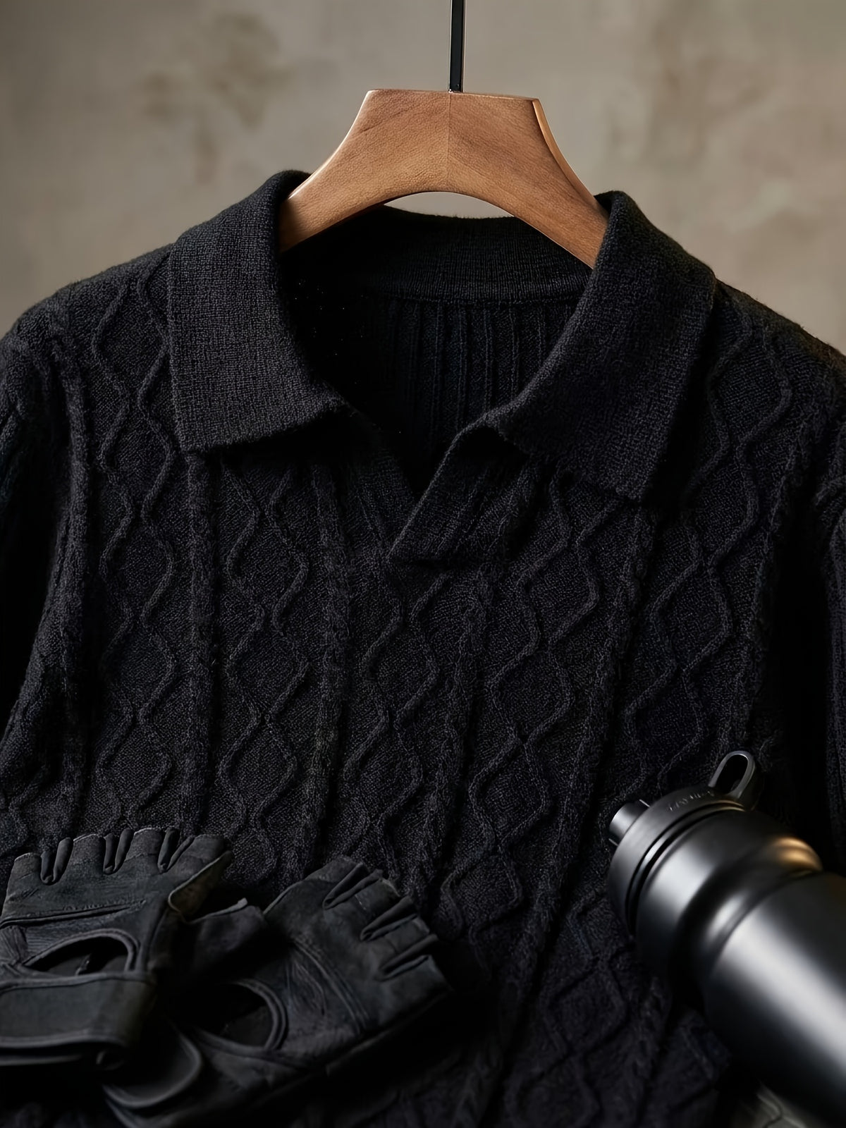 Men's Autumn/Winter Lapel Sweater Vintage Long-Sleeve Pullover Base Layer - Black
