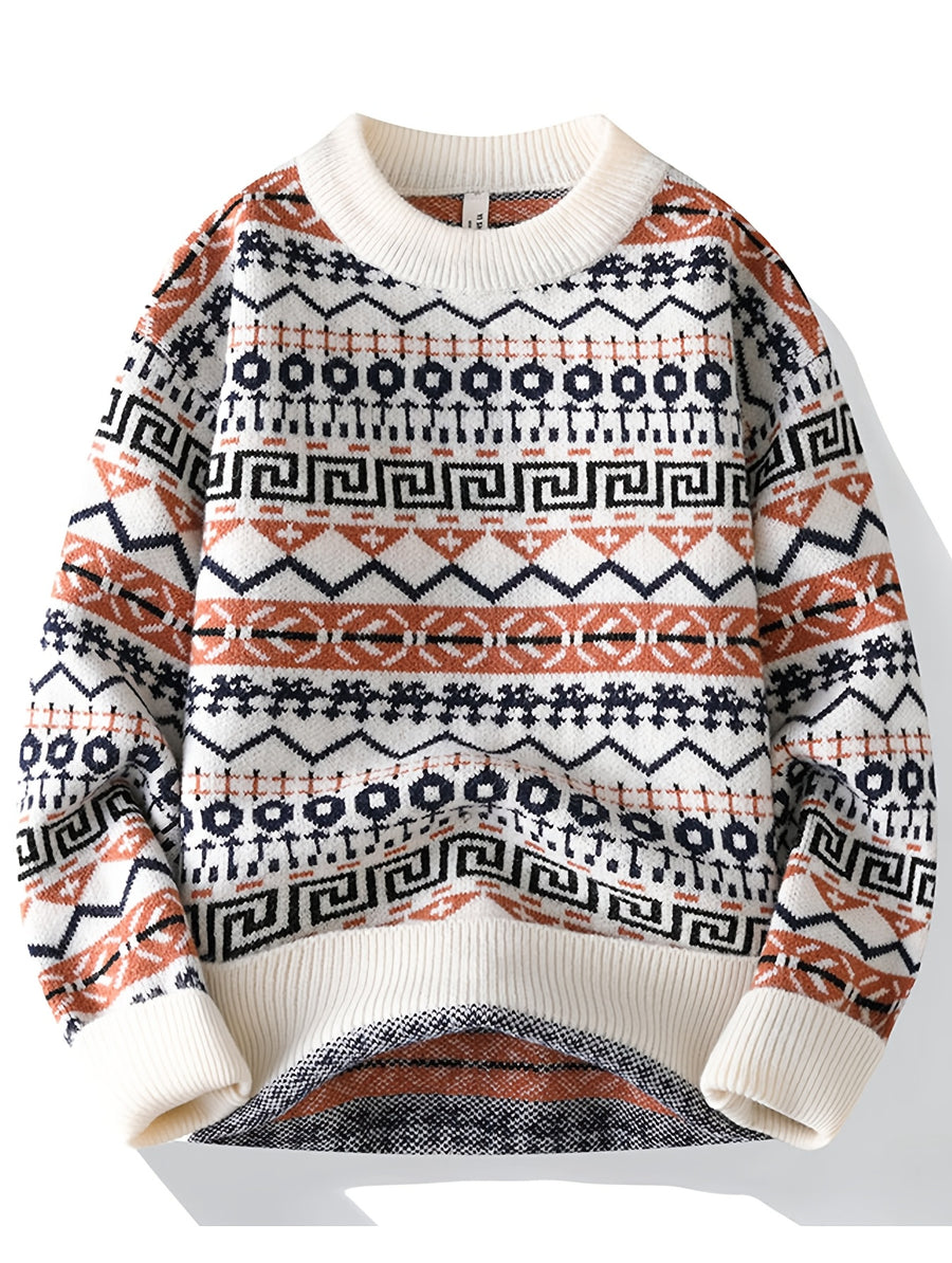 Autumn/Winter Men's Vintage Jacquard Knit Sweater with Ethnic Style Geometric Rhombus Pattern, Crew Neck Pullover, Casual and Trendy Regular Fit for Daily Outerwear or Base Layer - Off-white