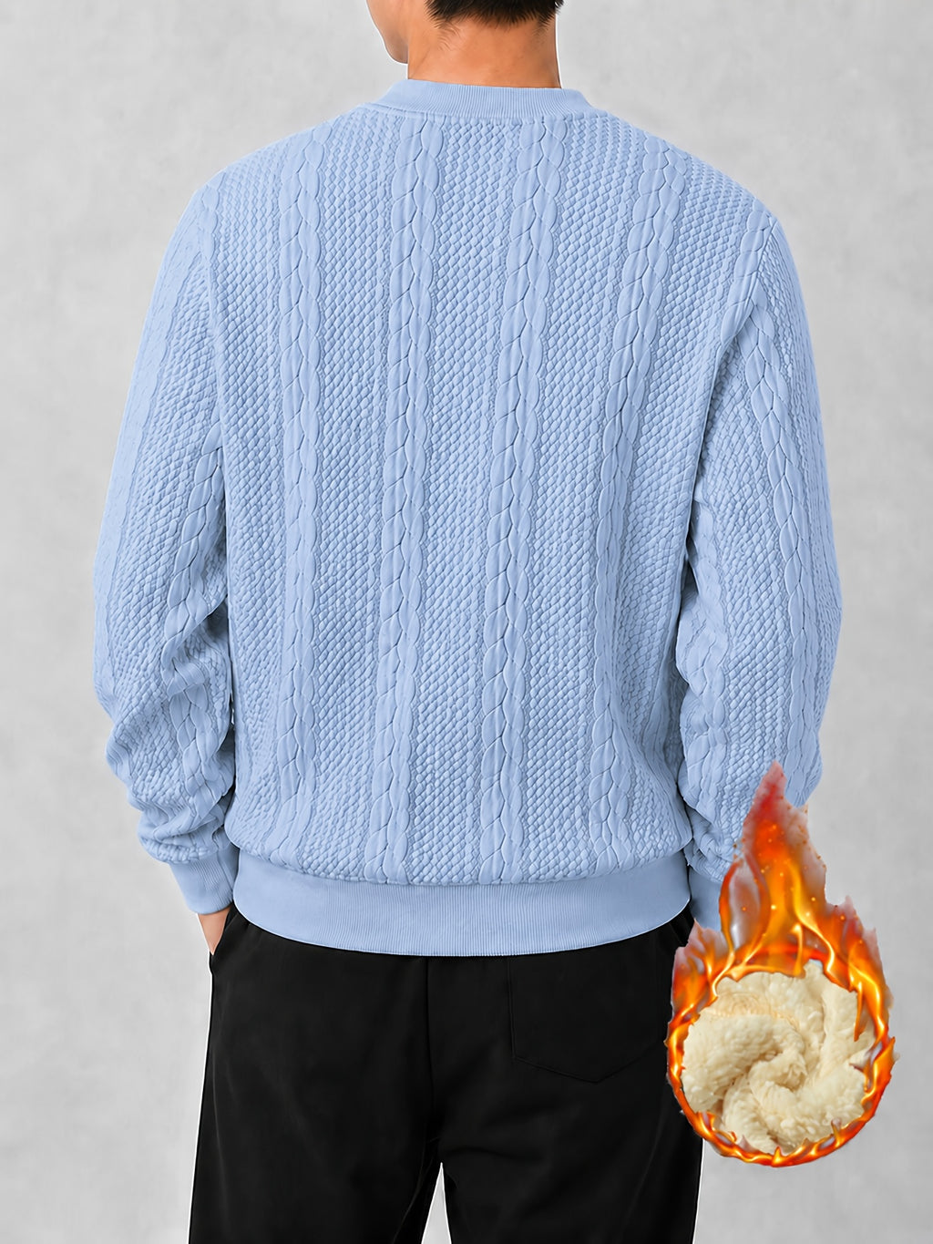 Men's Autumn/Winter Solid Color Cable Knit Textured Fleece-Lined Sweatshirt, Heavyweight Plush Fleece Thickened Lining, Cold-Proof Casual Crew Neck Pullover Base Layer - Sky Blue