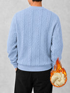 Men's Autumn/Winter Solid Color Cable Knit Textured Fleece-Lined Sweatshirt, Heavyweight Plush Fleece Thickened Lining, Cold-Proof Casual Crew Neck Pullover Base Layer - Sky Blue