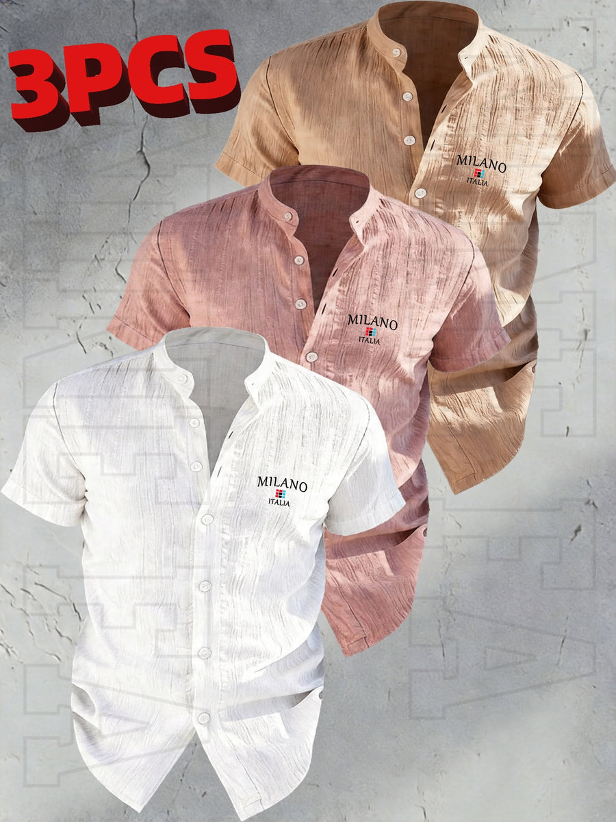 Josh Rose OBOM | Lightweight and Breathable Solid-color Button- Shirt with Geometric Pattern, Featuring a Simple Stand-up Collar Design. Suitable for Beach Vacations, Pool Parties, and Casual Wear. Comfortable and Simple for Daily Outings - White + Rose Red + Earth Yellow