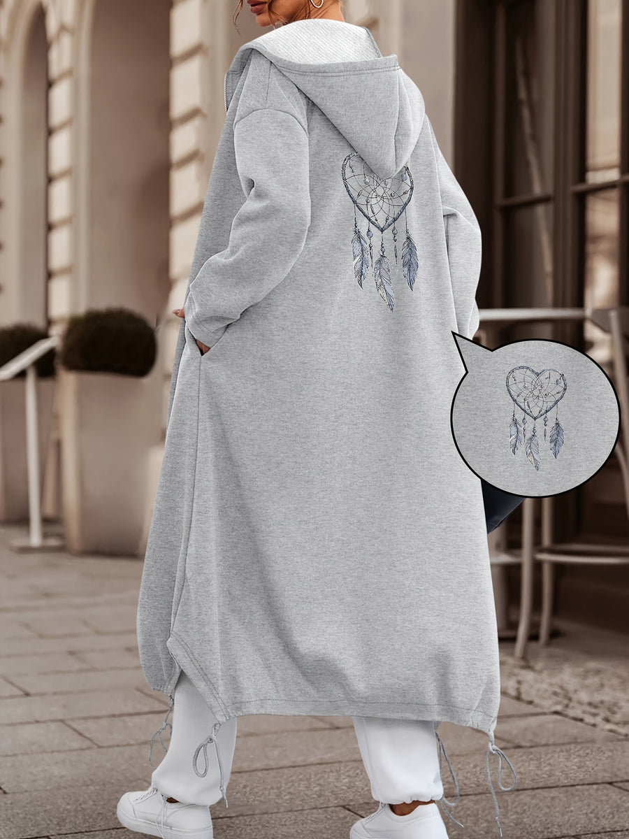 Autumn And Winter Women'S Casual Fashion Long Hooded Coat Pattern Printed in Heart Shape on The Front And Back, Comfortable And Casual, Suitable for Daily Commuting And Multiple Scenes - Grey