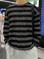 Spring/Autumn New Trendy Fashion Versatile Casual Men'S Knit Pullover Sweater, Easy Lazy Style Striped Aesthetic Casual Round Neck Sweater Long Sleeve, Office School Commute Vacation Street Dance Outfit - Black