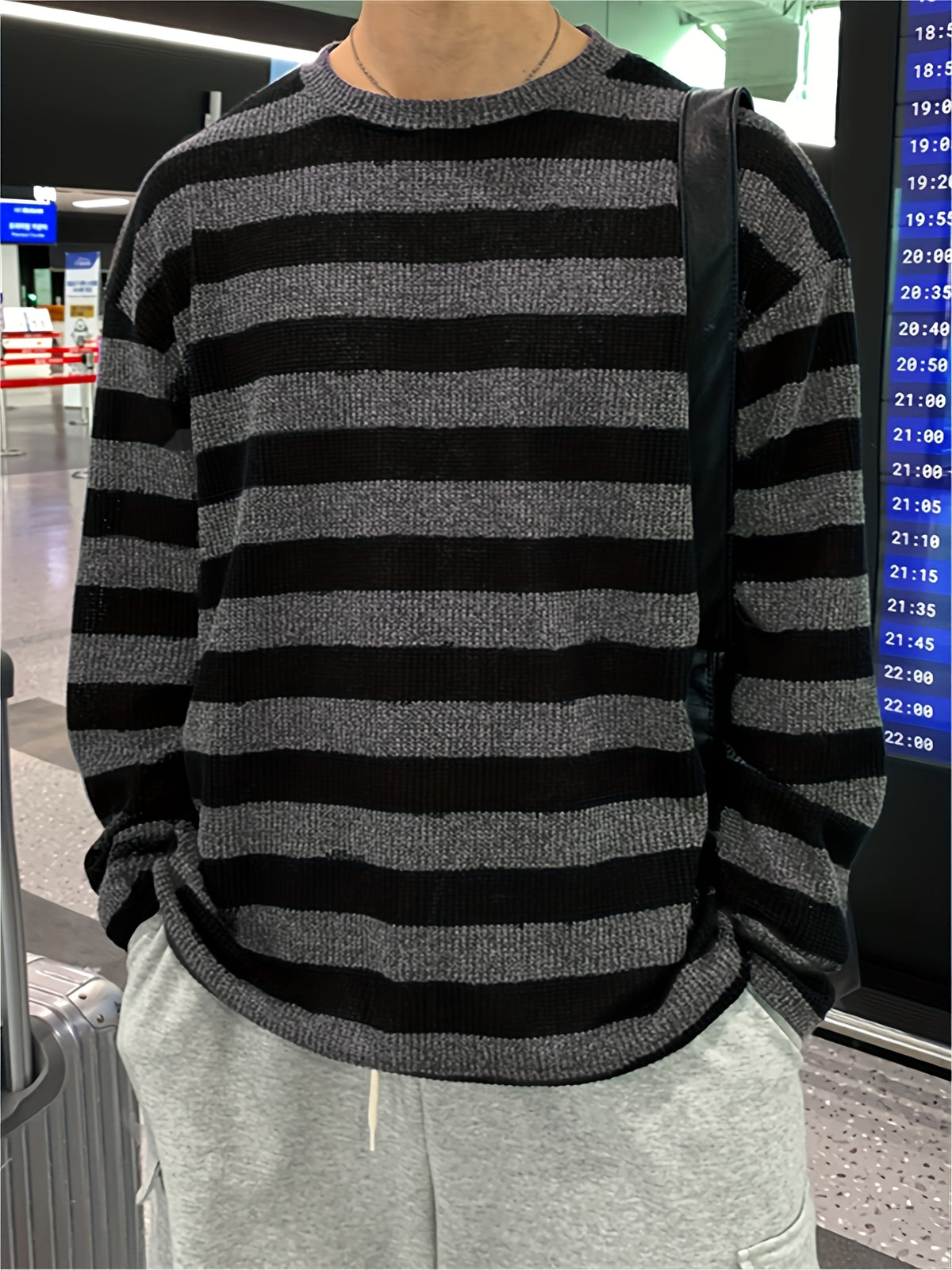 Spring/Autumn New Trendy Fashion Versatile Casual Men'S Knit Pullover Sweater, Easy Lazy Style Striped Aesthetic Casual Round Neck Sweater Long Sleeve, Office School Commute Vacation Street Dance Outfit - Black