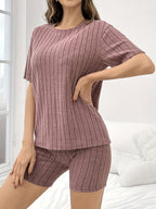 Brand New Summer Collection Featuring Solid Color Ribbed Shorts And Round-Neck Short-Sleeve T-Shirts - Pale Pinkish Gray