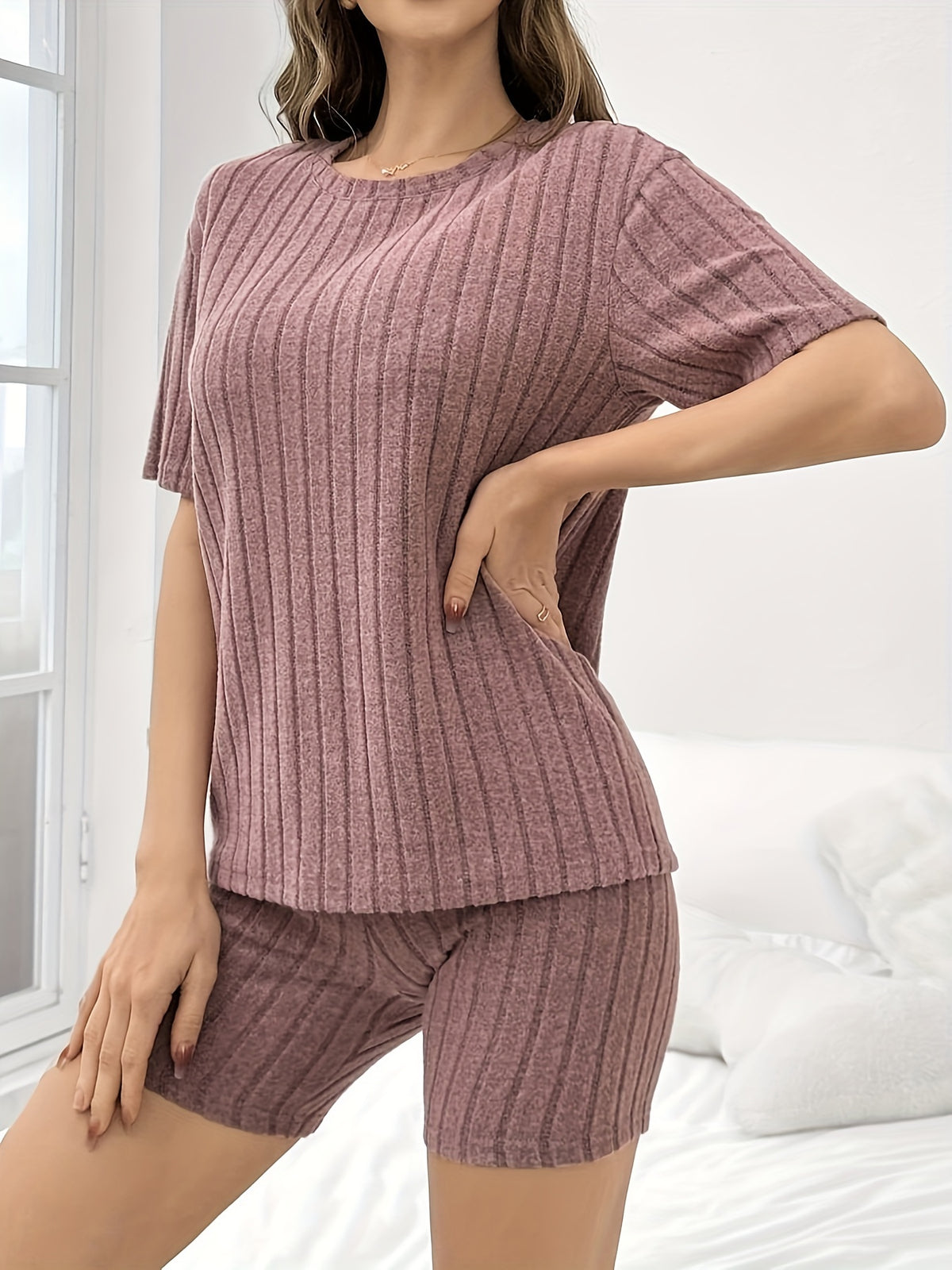 Brand New Summer Collection Featuring Solid Color Ribbed Shorts And Round-Neck Short-Sleeve T-Shirts - Pale Pinkish Gray