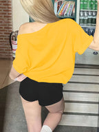 Women'S Casual Off-Shoulder Short Sleeve Number Print Pattern T-Shirt, Slouchy Casual Short Sleeve, Regular Loose Summer Short Sleeve Top - Yellow
