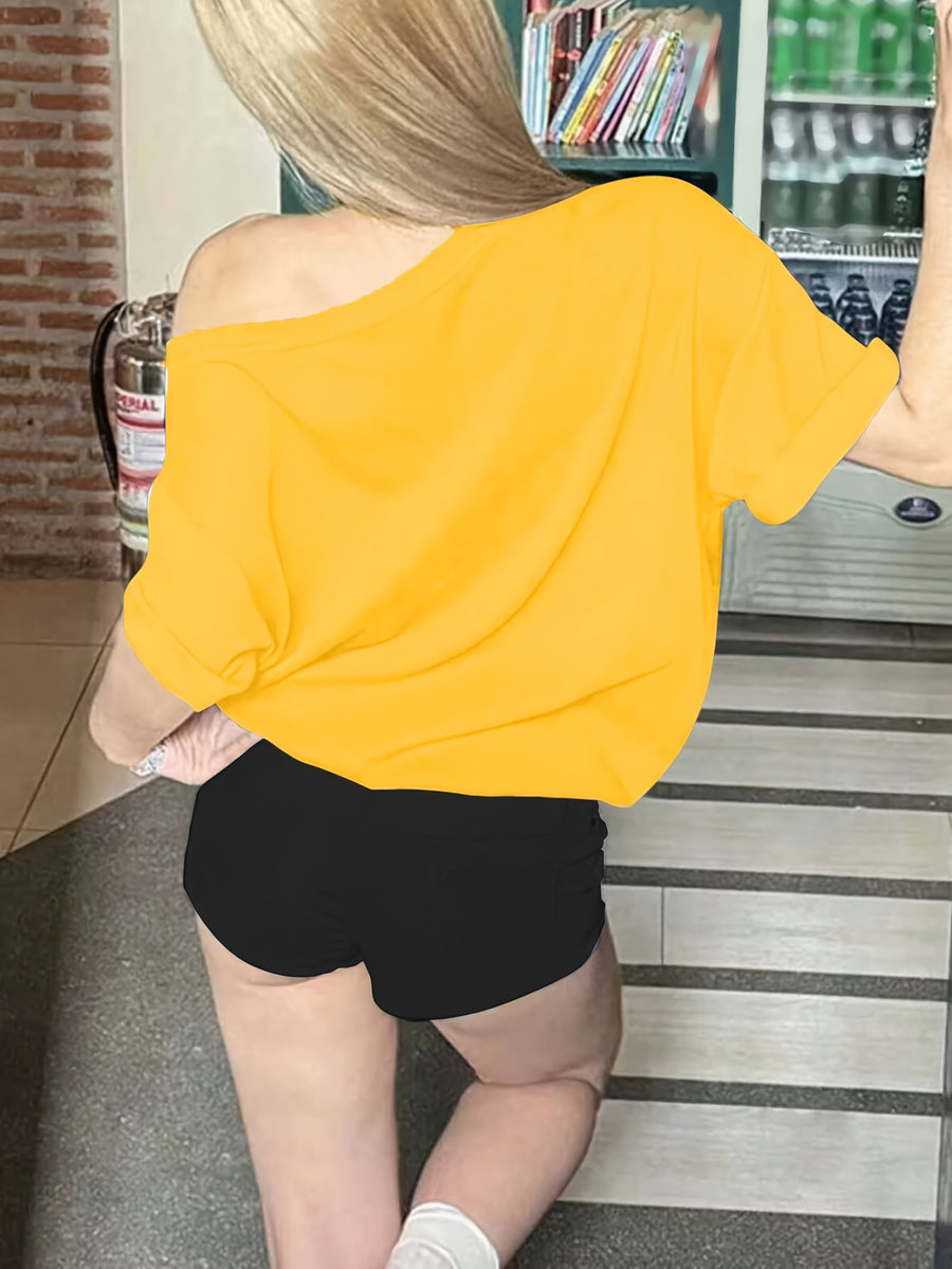 Women'S Casual Off-Shoulder Short Sleeve Number Print Pattern T-Shirt, Slouchy Casual Short Sleeve, Regular Loose Summer Short Sleeve Top - Yellow