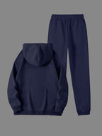 Women's Winter Casual -Lined Thickened Hooded Sweatshirt and Sweatpants Two-Piece Set - Navy Color