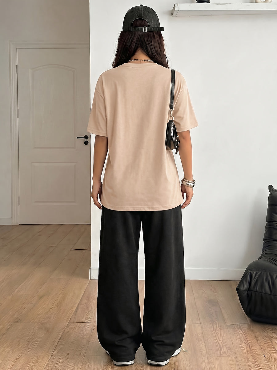 Women's 2-Piece Set: Spring/Summer Fun "Brown Bear" Heart and Letter Print Daily Y Casual T-Shirt with Drawstring Loose Straight-Leg Pants. Soft, Comfortable, Niche Hip-Hop Y2K Versatile Streetwear T-Shirt Set, Suitable for Summer Outings - Apricot+Black