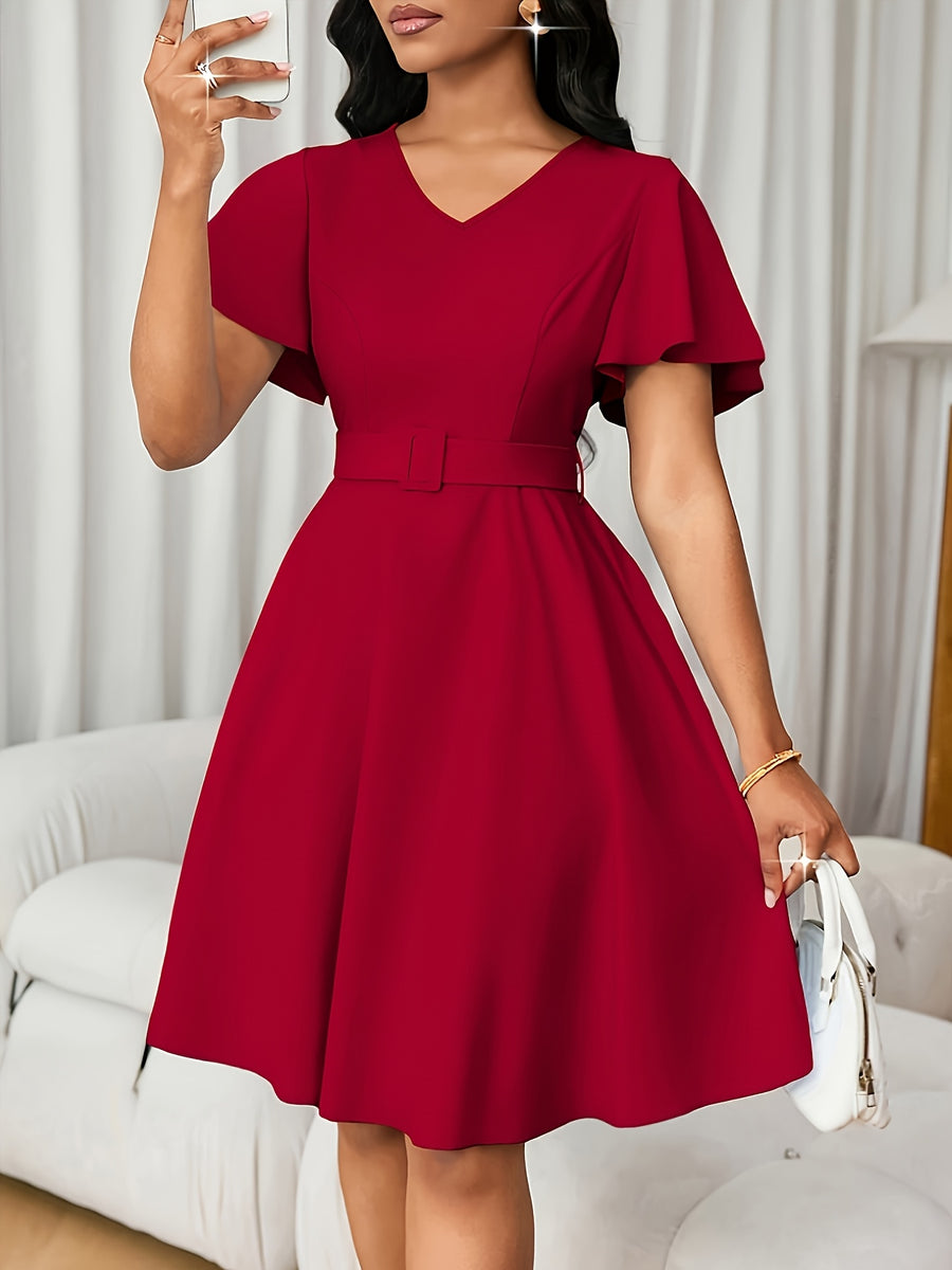 V-neck A-line Skirt, and Figure-hugging, with Ruffled Short Sleeves and a Belt, Mid-length Dress, Elegant and Graceful for Dates, Commuting, and Daily Wear - Red