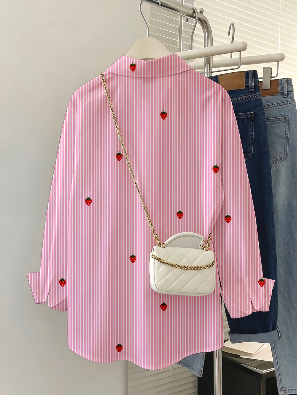 Women'S Spring Summer Striped Faux Fruit Print Shirt, Fashionable Elegant Casual Loose Long Sleeve Lapel Cardigan, Suitable for Daily Wear, Commuting, Vacation, Lightweight Comfortable Fabric - Pink Striped Strawberry