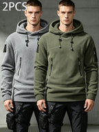 2pcs Men's Tactical Fleece Hoodie, Drawstring Zip Pockets Warm Fuzzy Pullover Hooded Sweatshirt, for Outdoor Hiking Daily Fall Winter Wear - Green + Gray