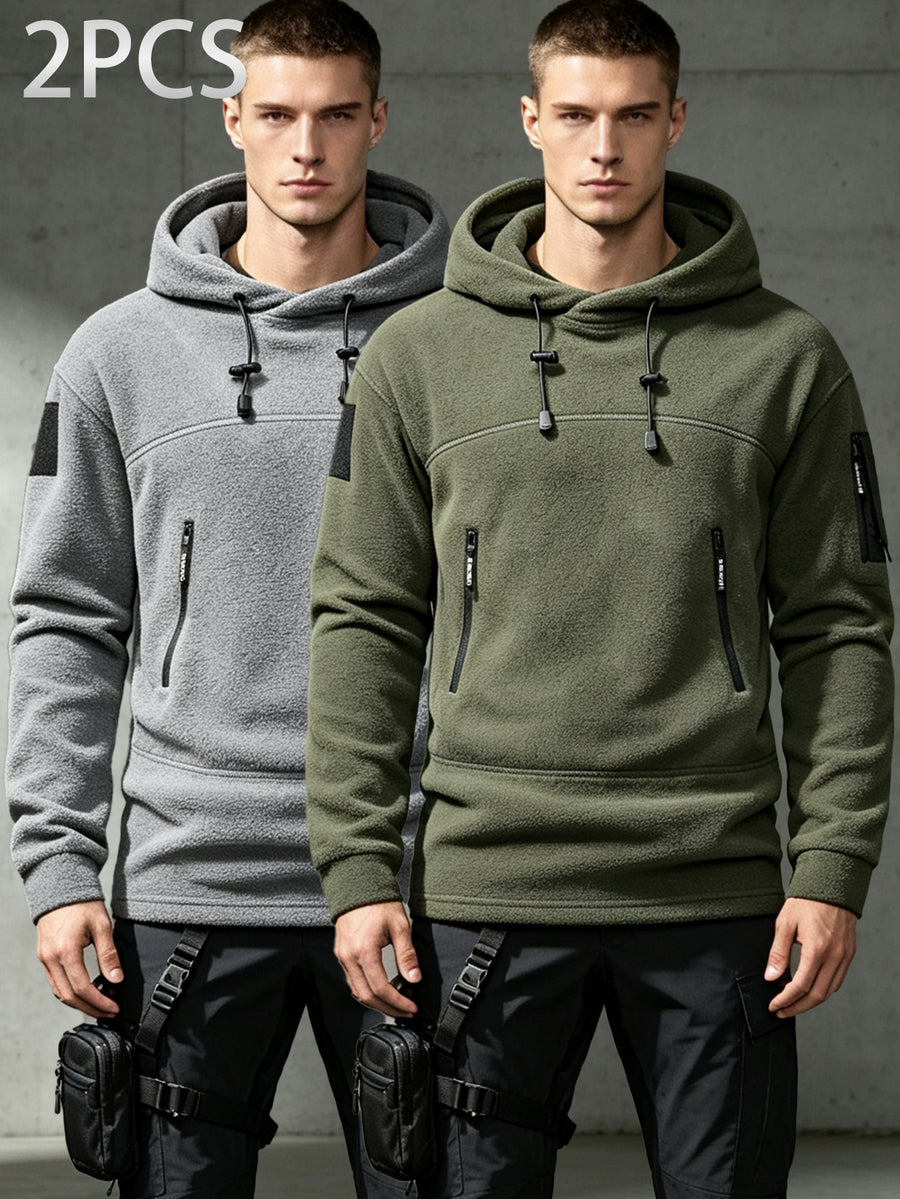 2pcs Men's Tactical Fleece Hoodie, Drawstring Zip Pockets Warm Fuzzy Pullover Hooded Sweatshirt, for Outdoor Hiking Daily Fall Winter Wear - Green + Gray
