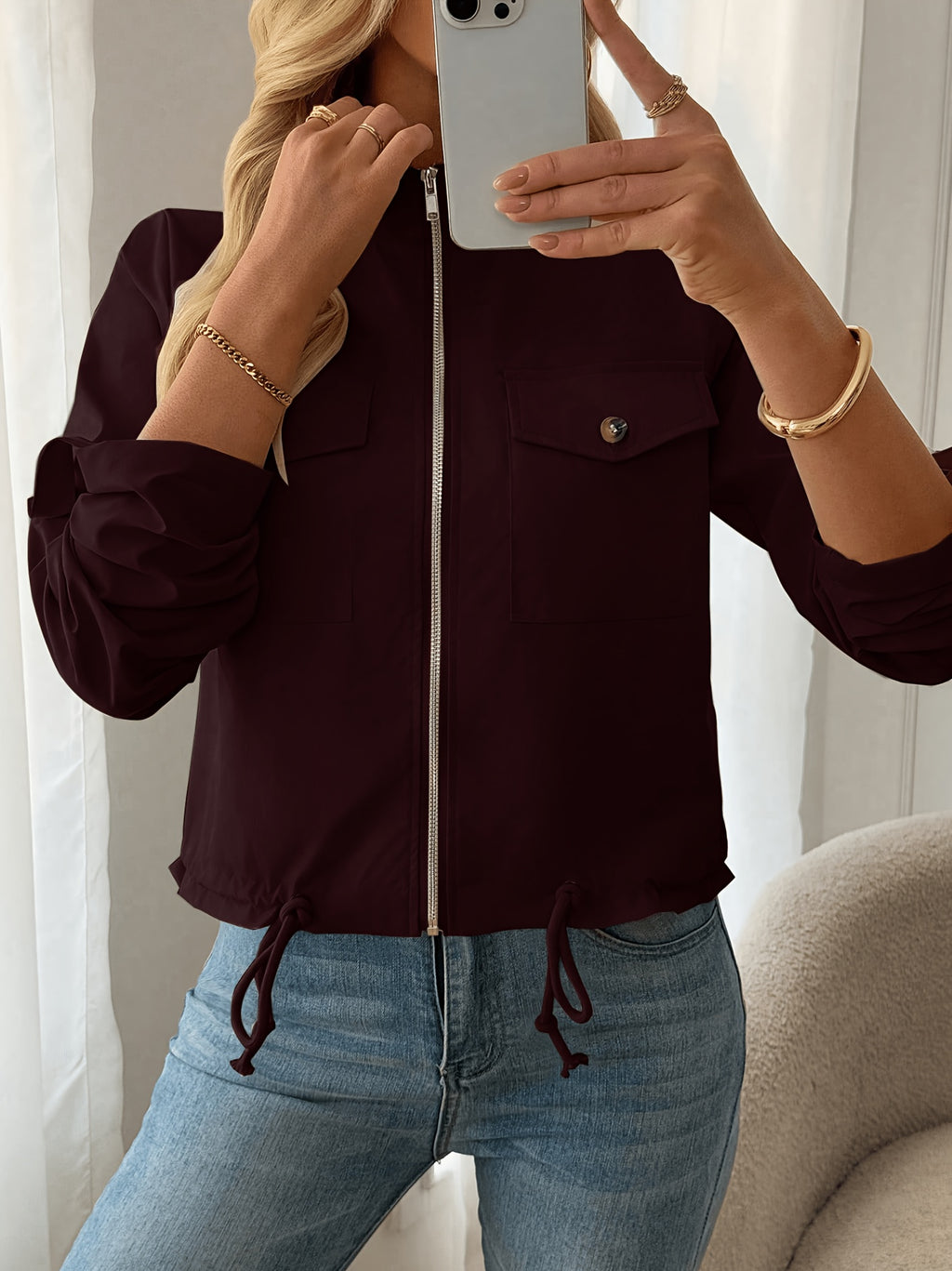 Women'S Lightweight Stand-Collar Jacket – Fashionable Zippered Bomber with Decorative Front Pockets And Adjustable Drawstring Hem, Ideal Casual Street Style Outerwear for Spring And Autumn - Burgundy