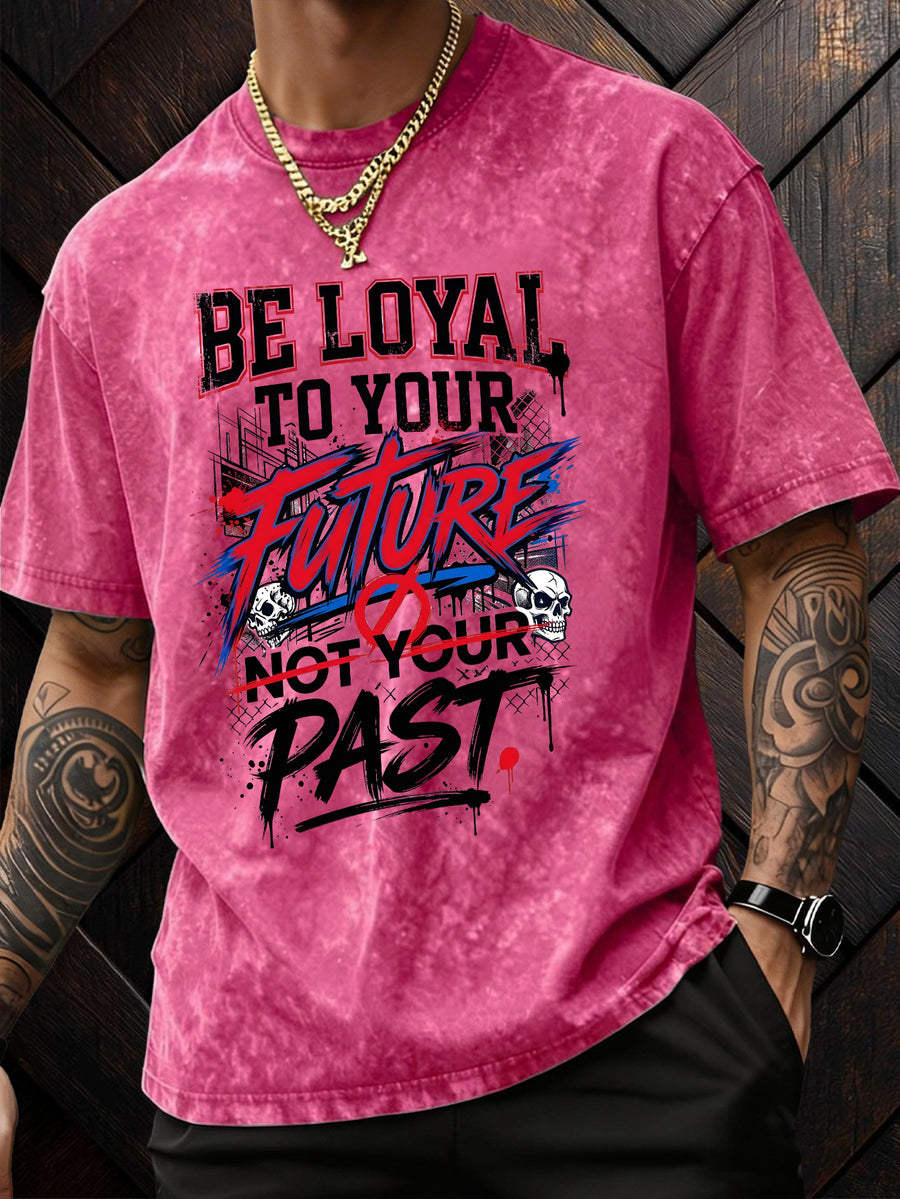 American-Style Washed Vintage Skull Graphic T-Shirt, Dark High Street Fashion Short Sleeves, Loose Fit with Motivational Slogans for Men - Rose Red