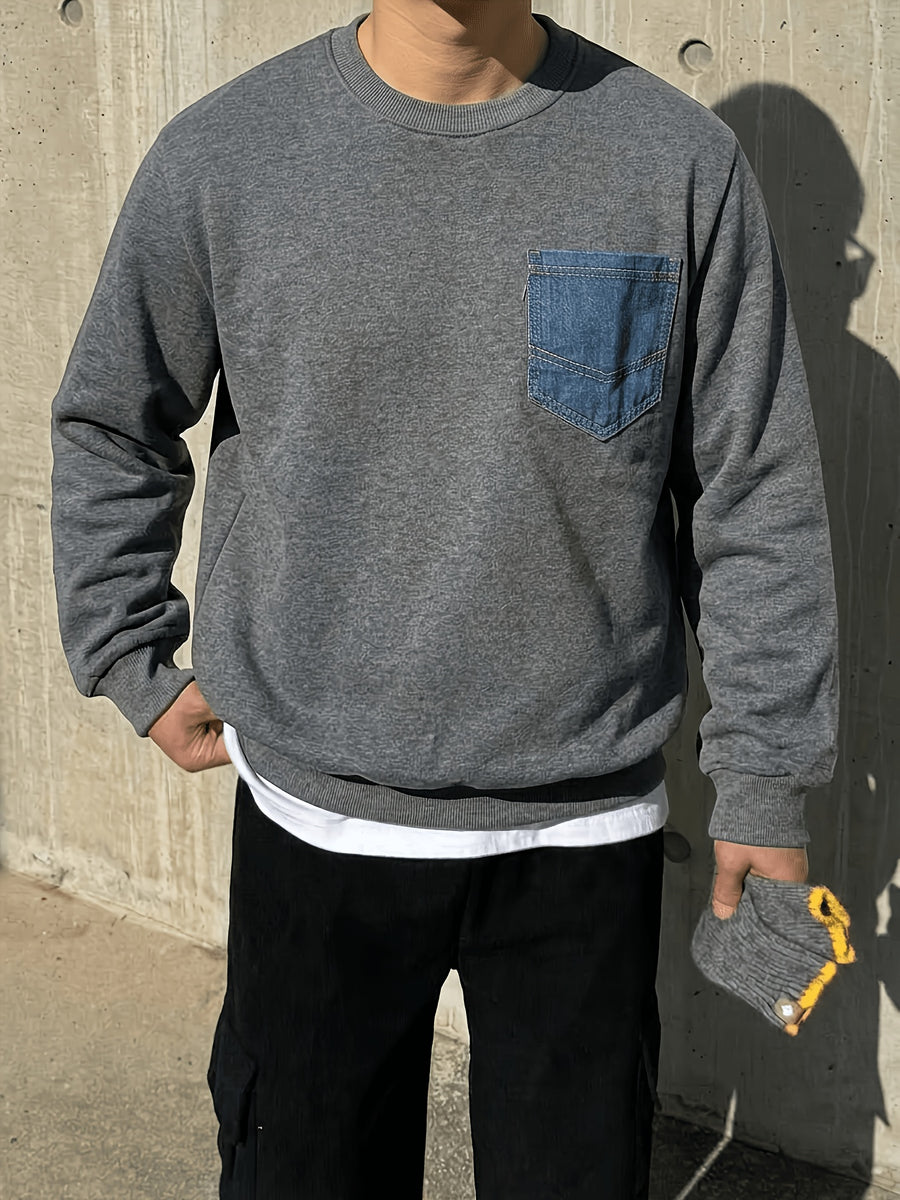 Black Crew Neck Sweatshirt with Faux Denim Patch Pockets, Perfect for Casual Everyday Wear - Dark Gray