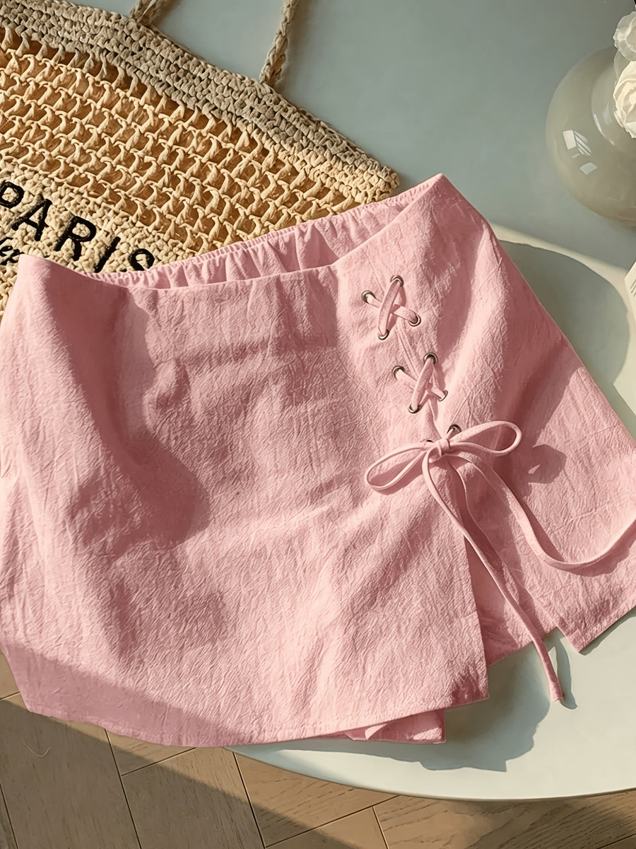 Women's Casual Daily Commuter Simple Solid-color Belted Slit Culottes, Summer Comfortable Breathable Short Skirt Half Skirt - Pink