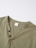 Summer Men'S Casual T-Shirt Linen Henley Collar Double-Button Men'S Short Sleeve Small V-Neck Men'S Casual Breathable Top Solid Color Breathable Commuter Casual Short Sleeve Top - Olive Green