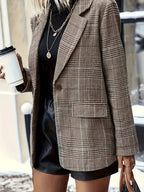 Fashion Women'S Casual Suit Jacket, Essential for Work, Premium Checkered Elegant Blazer - Olive Brown