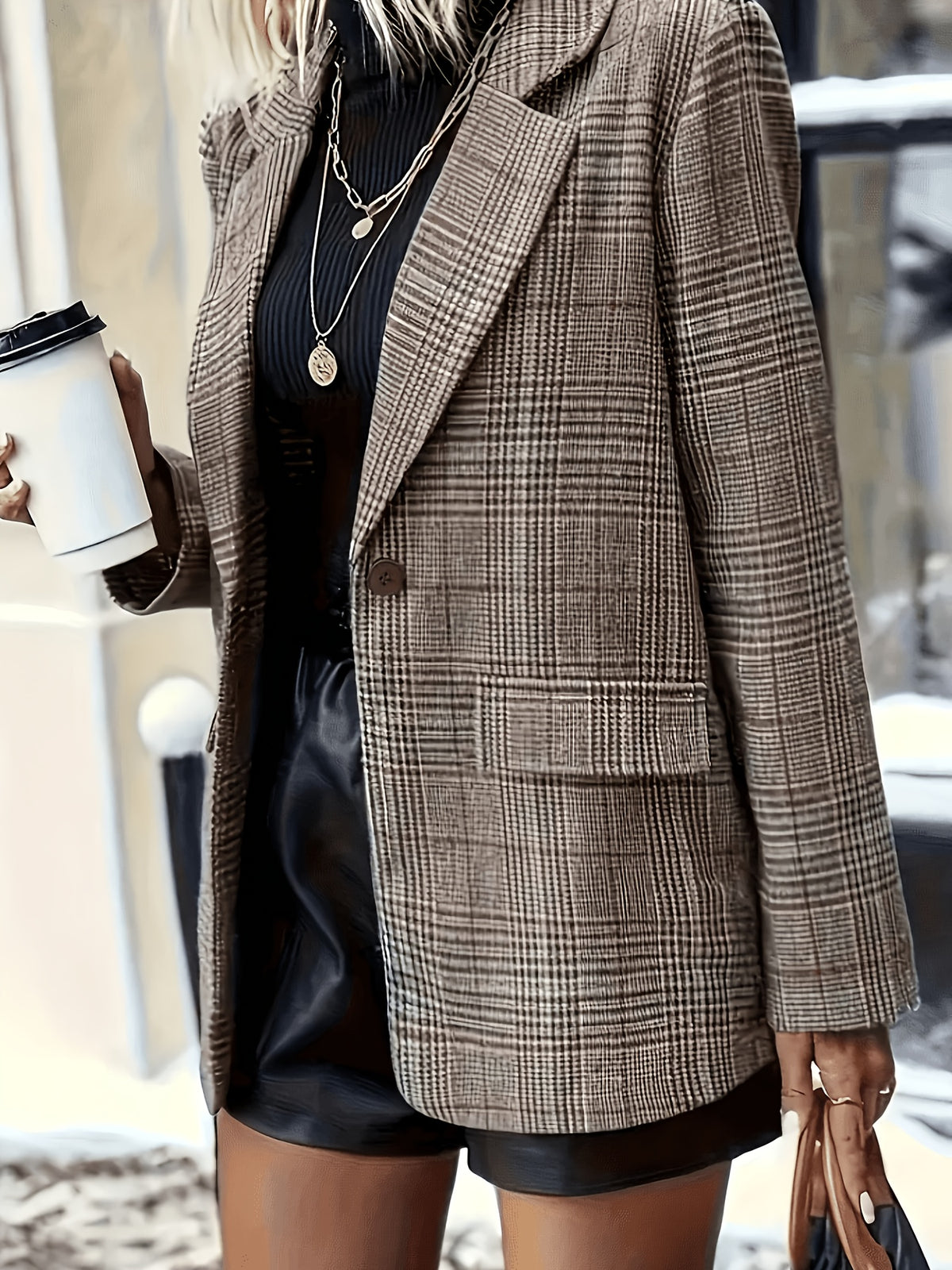 Fashion Women'S Casual Suit Jacket, Essential for Work, Premium Checkered Elegant Blazer - Olive Brown