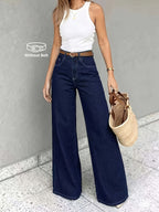 Women's Stretchy Dark Blue/Denim Blue High-Waist Stretch Wide-Leg Jeans, Belt-Free, Elegant and Classy, Essential for Casual Outings and Summer Travel - Deep Blue