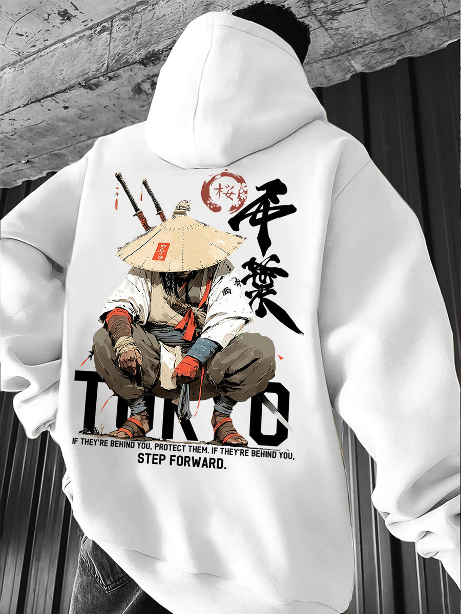 Men's Japanese Ronin Kendo Samurai Hooded Sweatshirt, Printed Hoodie, Trendy Streetwear Vintage Versatile Heavyweight Sweatshirt, Autumn Essentials - White