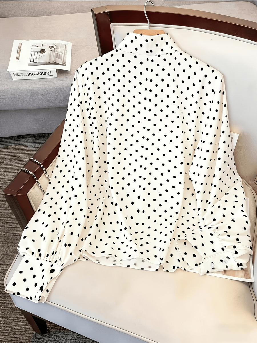 Women'S Elegant Tie-Front Long Sleeve Polka Dot Printed Statement Shirt, Suitable for Daily And Commute Wear - White