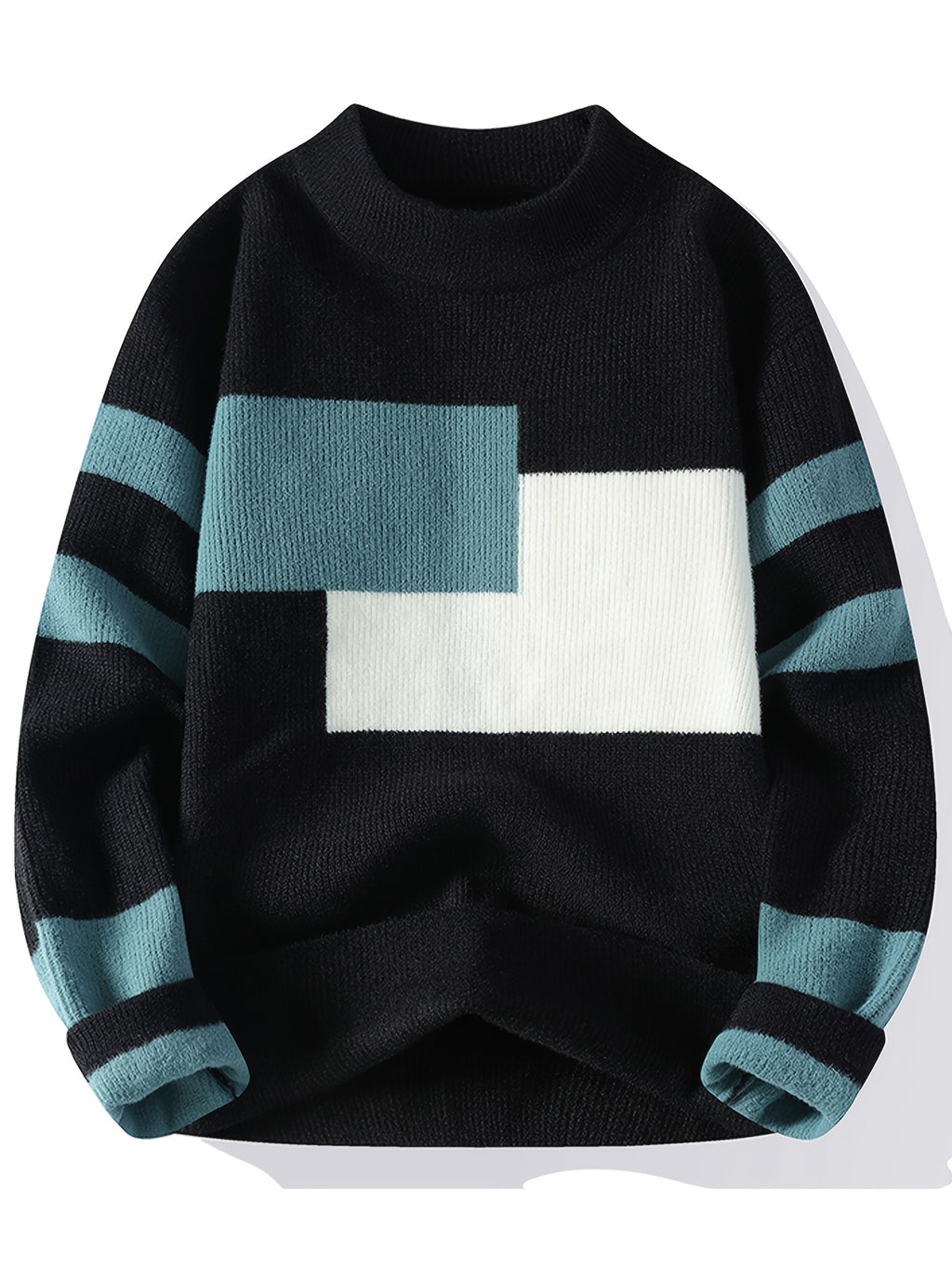 Men'S Round Neck Jacquard Sweater 2026 Autumn And Winter New Fashionable Contrasting Color Loose Thick Knitted Pullover Top - Black