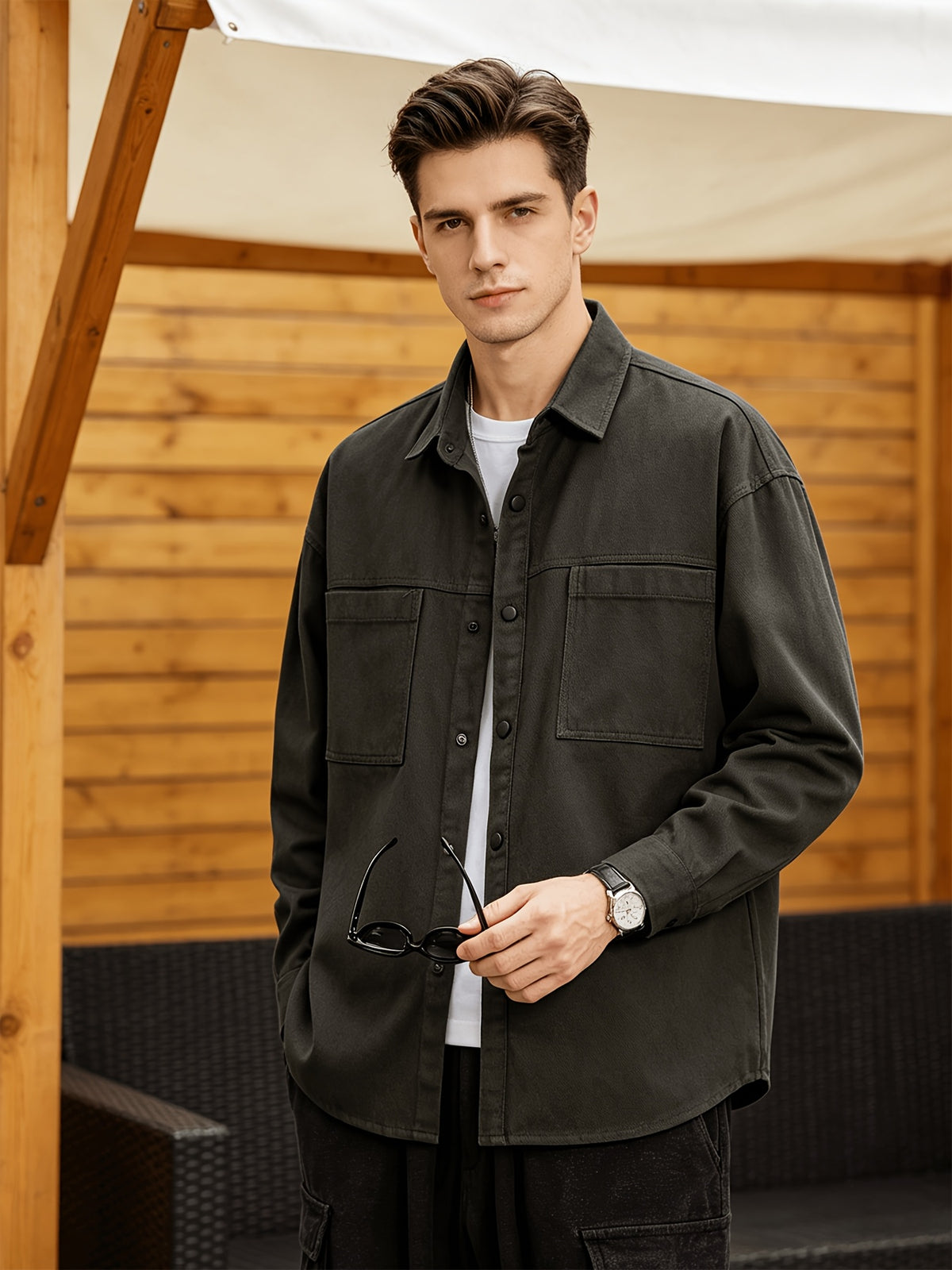 Men'S Cargo Long Sleeve Shirt, Pure Casual Blouse Loose Multi-Pocket Design Breathable Durable Fabric Street Outing Light Outdoor Camping Versatile Casual Top - fern green