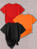 Spring Summer New Women'S Round Neck Smiling Flower Smile Series Printed Fashion 3Pcss Set Short Sleeve Summer 3Pcss Set Cool Short Sleeve - Red, black, orange