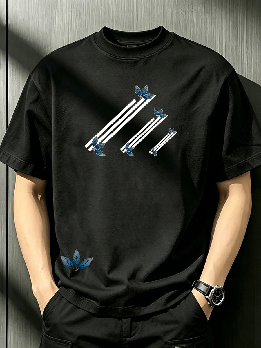 Men'S Crew Neck Loose T-Shirt with Staggered Slanted Stripes And Blue Maple Leaf Print, Fresh Artistic Style, Versatile Breathable Short Sleeve Top for Summer Daily Casual Wear - Black