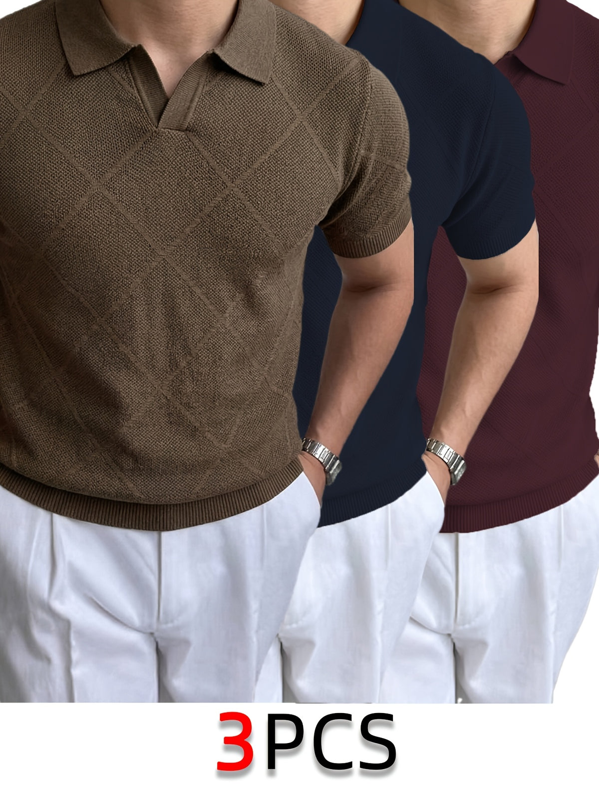 3pcs Set High Quality Summer Men'S Vintage Diamond Knit Casual Polo Shirt Vacation Casual Style Slim Fit Lapel Short Sleeve Sweater Business Casual Top Commute Knit Polo Shirt Men'S Choice - Brown+Royal Blue+Wine Red