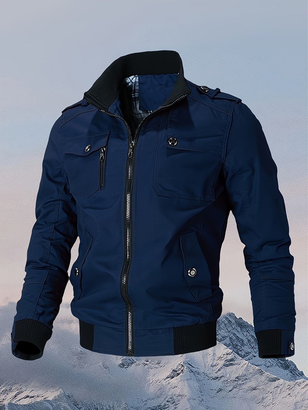 American Vintage Military Green Workwear Jacket for Men, Multi-Pocket Windproof and Wear-Resistant, Versatile Stand Collar Outerwear for Spring/Autumn Outdoor Commuting - Deep Blue