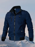 American Vintage Military Green Workwear Jacket for Men, Multi-Pocket Windproof and Wear-Resistant, Versatile Stand Collar Outerwear for Spring/Autumn Outdoor Commuting - Deep Blue