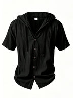 Men's Two-pc Linen Hooded Short-Sleeve Summer Solid Color Beach Vacation Loose Fit Casual Shirt - Black+black