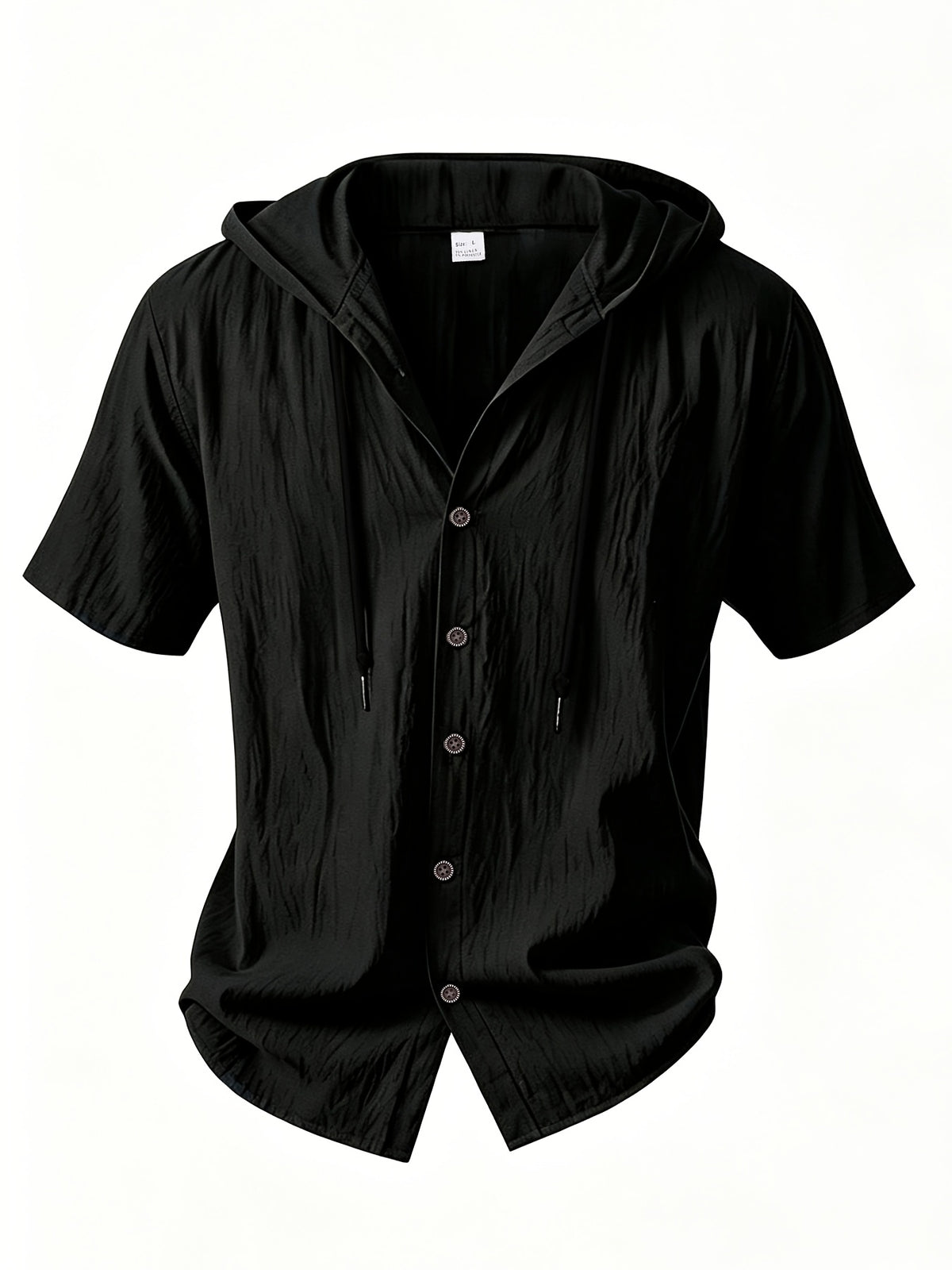 Men's Two-pc Linen Hooded Short-Sleeve Summer Solid Color Beach Vacation Loose Fit Casual Shirt - Black+black