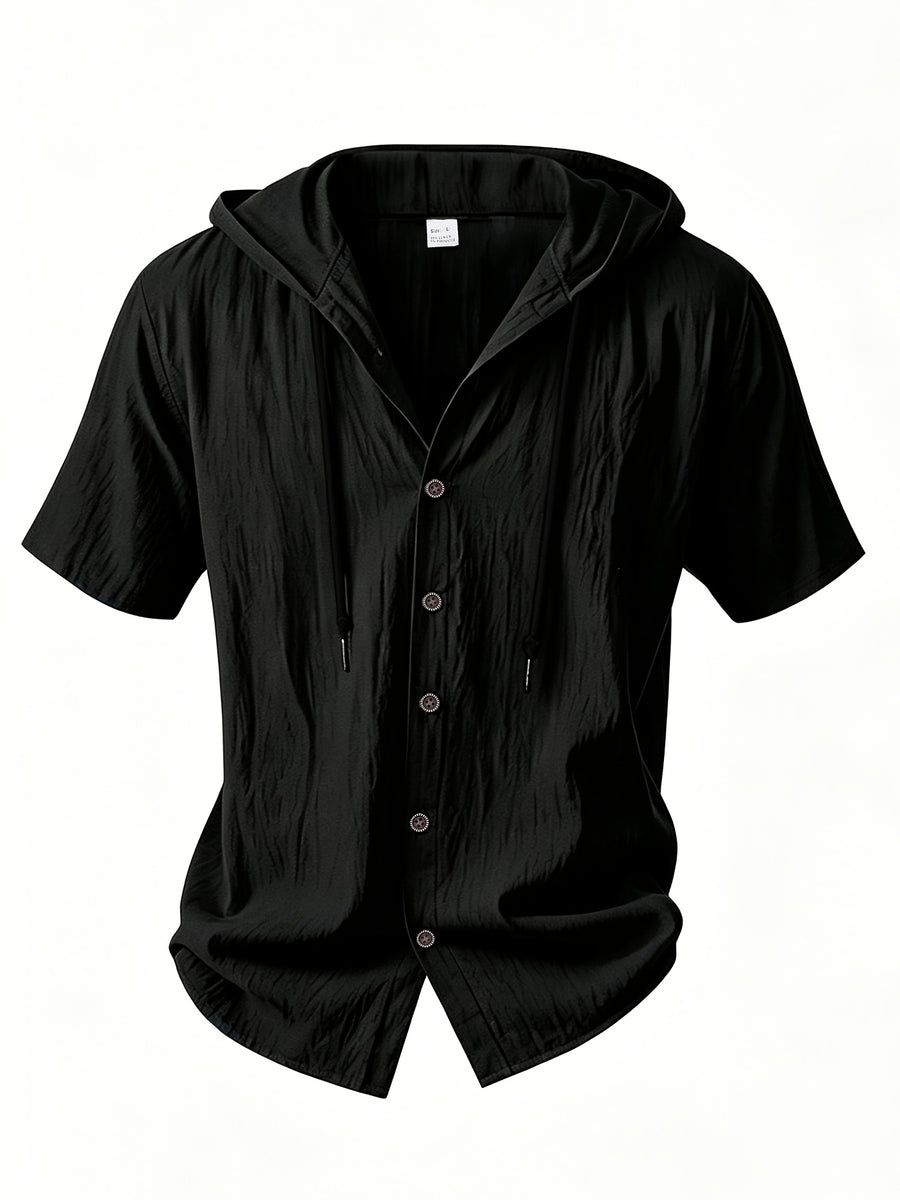 Men's Two-pc Linen Hooded Short-Sleeve Summer Solid Color Beach Vacation Loose Fit Casual Shirt - Black+black
